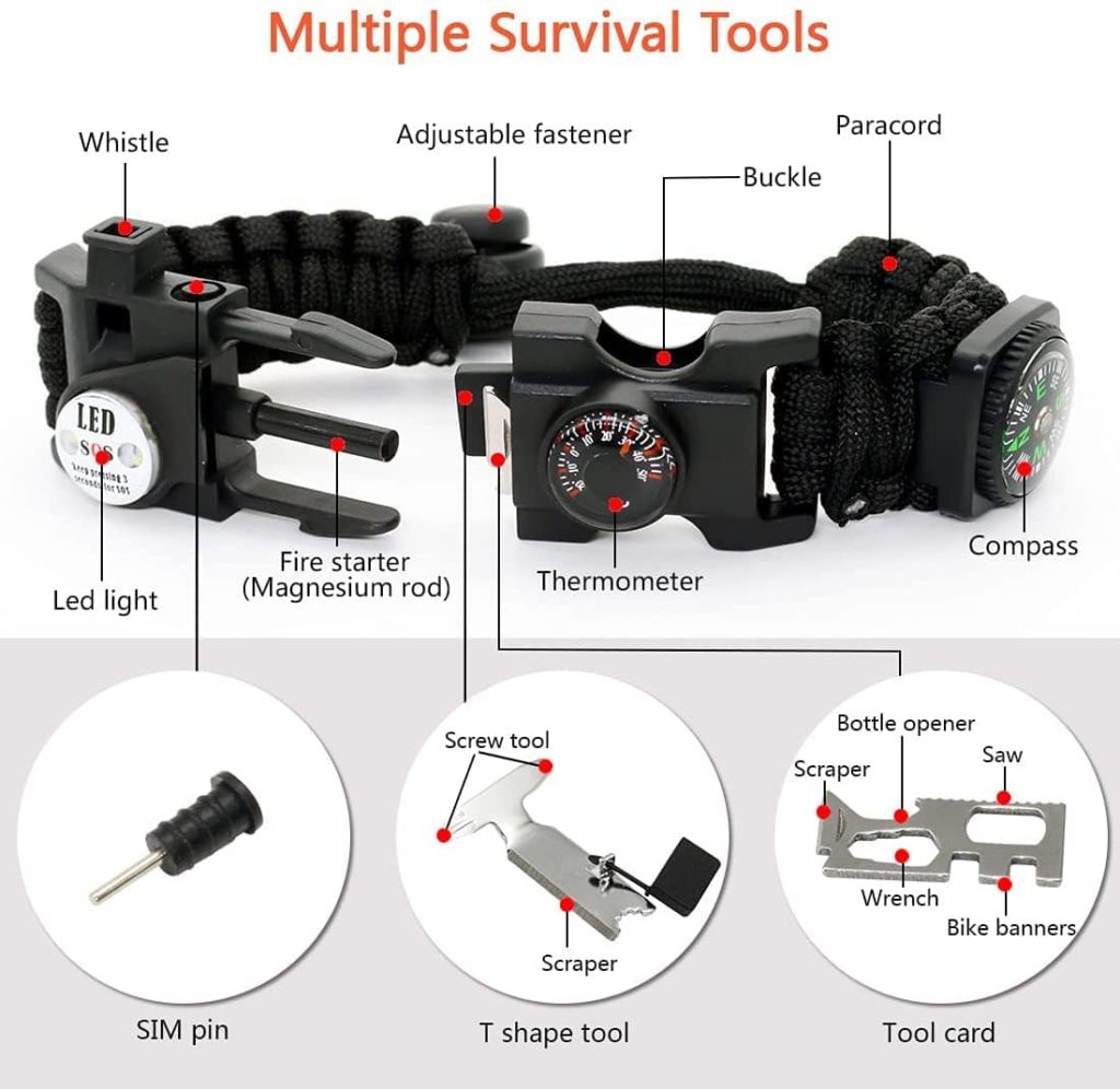 multiple survival bracelet tools info